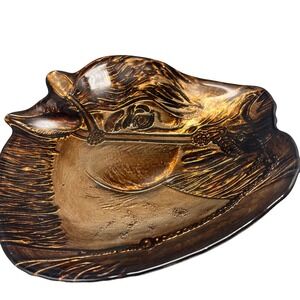 Vintage  Horse Head equestrian Decor Plate, Dish,‎ Ashtray Amber glass